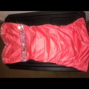 Coral colored strapless dress